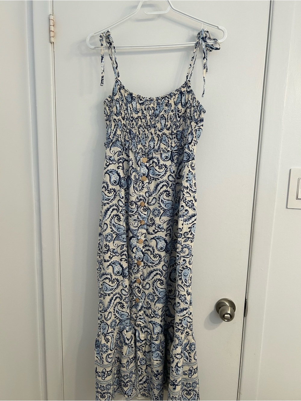 Zara Blue and White Paisley Tie-Shoulder Maxi Dress